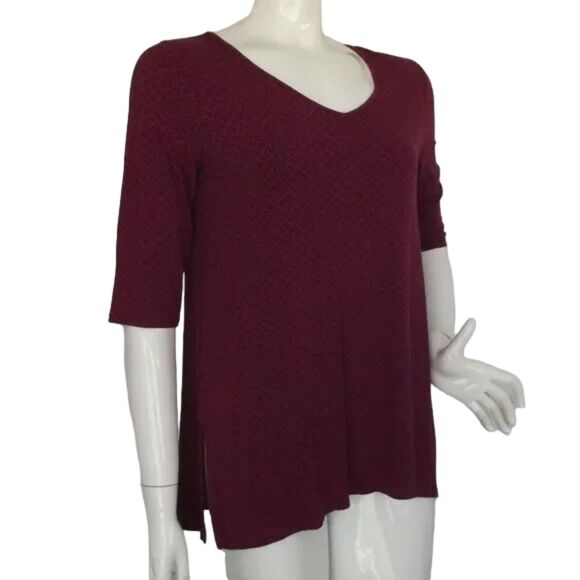 J.JILL Top/Tunic, SP Petite, Maroon, Crosshatch pattern, Mid-sleeve, - Picture 2 of 12